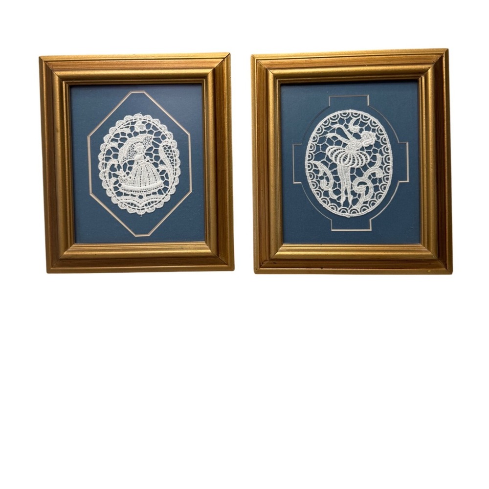 Vintage Framed Lace Art Pair Victorian Lady Ballerina Dancer Gold Frame Blue Set